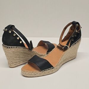 Maypol Espadrille Sandals Black Leather Ankle Wrap Pyramid Studded Women's 9